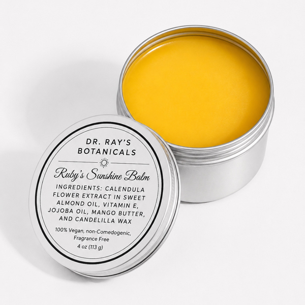 An open silver metal tin of Dr. Ray's Botanicals 'Ruby's Sunshine Balm' showing a bright yellow balm inside, with its white lid placed in front displaying the product label.